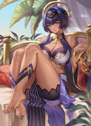 1girls barefoot blue_eyes candace_(genshin_impact) dark-skinned_female egyptian feet foot_fetish genshin_impact heterochromia kacyu looking_at_viewer nail_polish presenting presenting_feet purple_nails shoes_removed sitting tagme toe_ring toenail_polish toenails toes yellow_eyes