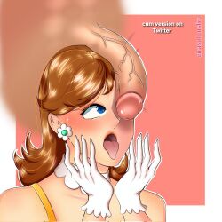 1boy 1girls blue_eyes brown_hair collar cum earrings face fanart girasol_nsfw mario_(series) nintendo penis_on_face princess_daisy tongue_out white_collar white_gloves