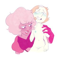 2girls artist_request blush cartoon_network diamond_authority drooling edenunhinged gem_(species) looking_pleasured nude_female pearl_(steven_universe) pinching_nipples pink_diamond_(steven_universe) self_upload size_difference small_breasts steven_universe white_background yuri