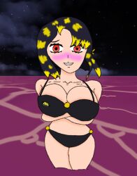 1girls anime_battle_arena artist_request big_breasts black_hair blush blushing_at_viewer crossed_arms highlights mascot red_eyes roblox roblox_game swimsuit tagme