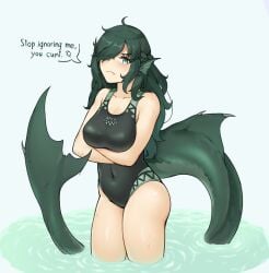 1girls angry arms_crossed_under_breasts belly_button female female_only fish_tail freckles green_eyes green_hair loch_ness_monster nessie_(sandufabur) oerba_yun_fang pixiv raki991 swimsuit text text_bubble vulgar water white_background