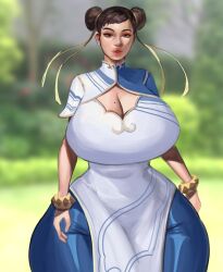 1girls brown_eyes brown_hair capcom chun-li female female_only fully_clothed huge_breasts hyper_thighs lips massive_ass massive_thighs solo street_fighter street_fighter_6 thunder_thighs weakj