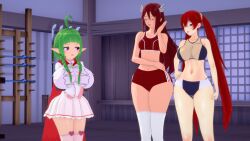 3d 3girls ahoge alternate_breast_size braided_hair brown_eyes cape cordelia_(fire_emblem) dojo dress female female_only fire_emblem fire_emblem_awakening garter_straps green_hair gym_uniform hair_ornament hairband huge_breasts koikatsu large_breasts long_hair manakete multiple_girls nah_(fire_emblem) nintendo pointy_ears purple_eyes red_hair rhcpftw severa_(fire_emblem) shortstack small_breasts sports_bra stockings thick_thighs thighhighs twintails wide_hips