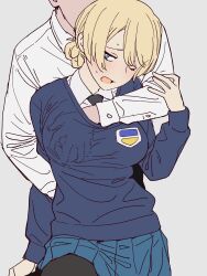 1boy 1girls blonde_hair breast_grab breasts clothed clothing darjeeling girls_und_panzer groping groping_breasts groping_from_behind groping_through_clothes holding one_eye_closed onsen_tamago_(hs_egg) shy skirt sweat