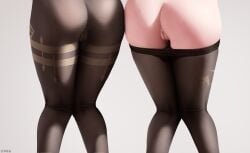 2girls absurd_res ass black_pantyhose censored female female_only from_behind ganyu_(genshin_impact) genshin_impact highres keqing_(genshin_impact) mosaic_censoring pantyhose pantyhose_down pussy pussy_juice standing sweat thighs z282g