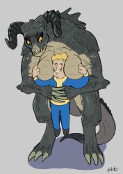 1boy 1girls blonde_hair blush breasts breasts_grab breasts_pressed_against_partner closed_eyes deathclaw fallout female female_deathclaw grabbing_breasts grey_background head_between_breasts horns kemokin_mania lifting lifting_person male monster monster_girl scales scalie size_difference smile vault_boy vault_suit very_high_resolution yellow_eyes