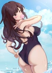 1girls 2d activision asian asian_female ass beach blizzard_entertainment blowing_bubblegum breasts brown_eyes brown_hair bubble_butt competition_swimsuit d.va facial_markings female hana_song hi_res highleg_swimsuit hips large_ass long_hair medium_breasts nsfw_oa one-piece_swimsuit outdoors overwatch slim_waist swimsuit thick_thighs thighs wide_hips