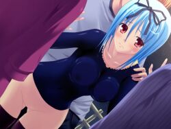 1boy against_glass akamaru aliceteru_resuderu ass_visible_through_thighs bangs black_hairband black_ribbon black_thighhighs blue_hair blue_shirt blush bottomless breast_press breasts closed_mouth collarbone female frown game_cg hair_between_eyes hair_ribbon hairband head_out_of_frame koyoi_mo_meshimase_alicetale long_hair long_sleeves medium_breasts red_eyes ribbon sex sex_from_behind shiny shiny_hair shirt standing standing_sex straight_hair sweatdrop thigh_gap thighhighs