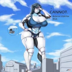 1boy 1girls angela_(magnaprospekt) big_ass big_breasts breasts_bigger_than_head bursting_breasts cleavage closed_eyes enormous_ass enormous_breasts female gg giantess hand_on_head hand_on_hip huge_ass huge_breasts lapotato8 massive_ass massive_breasts overflowing_breasts robot robot_girl robot_humanoid tagme talking teeth thick_thighs wide_hips