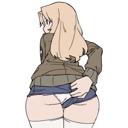 1girls ass bent_over blonde_hair girls_und_panzer imminent_sex jacket kay_(girls_und_panzer) onsen_tamago_(hs_egg) panties pants_aside shorts shorts_aside solo thigh_highs thighhighs thighs