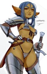 1girls absurd_res armor bikini_armor blue_eyebrows blue_hair dialogue english_text female female_only fully_clothed goblin goblin_female green_skin hand_on_hip long_hair looking_at_viewer maewix1 narrowed_eyes orange_eyes pointy_ears revealing_clothes rissma_(maewix1) skimpy_clothes small_breasts solo speech_bubble sword talking_to_viewer text thick_eyebrows white_background