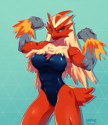 1girls absurd_res blaziken blue_eyes female female_only flexing flexing_bicep leotard looking_at_viewer masvino nintendo pokemon pokemon_(species) pose solo thick_thighs yellow_sclera