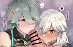 2boys abs alhaitham_(genshin_impact) cute_bois cyno_(genshin_impact) gay genshin_impact green_eyes grey_hair human male male_only oral_sex sucking sucking_balls sucking_penis yaoi