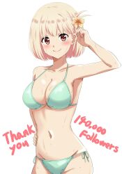 bangs bikini blonde_hair blush breasts brown_eyes cleavage collarbone female flower groin hair_flower hair_ornament hand_on_hip highres large_breasts looking_at_viewer lycoris_recoil milestone_celebration navel nishikigi_chisato panties short_hair side-tie_panties sideboob smile stomach swimsuit thank_you underwear white_bikini