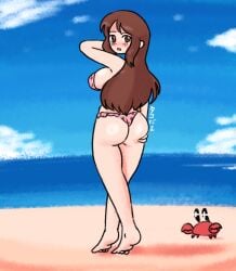 ass beach big_ass bikini blush brown_eyes brown_hair crab cute emirichu feet grabbing_own_ass long_hair looking_at_viewer looking_back round_butt sideboob swimsuit takodayo youtube youtuber