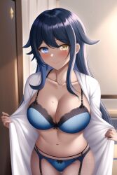 ai_generated alternate_hairstyle bad_anatomy bad_hands bathrobe blue_eyes blush bra candace_(genshin_impact) cleavage dark_blue_hair dark_skin female_only fishnet_legwear flashing garter_belt garter_straps genshin_impact heterochromia long_hair nai_diffusion panties sidelocks stable_diffusion yellow_eyes