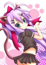 animal_ears cat_ears green_eyes highres long_hair looking_back no_panties original ponytail purple_hair ribbon solo tail tatapopo thighhighs tied_hair very_long_hair zettai_ryouiki