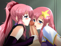 2girls blue_eyes blush censored gundam gundam_seed gundam_seed_destiny lacus_clyne licking long_hair meer_campbell multiple_girls penis pink_hair