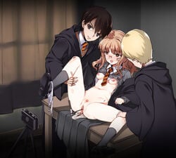 2boys bandaid bangs bite_marks black_eyes black_hair black_legwear black_socks blonde_hair blood breasts brown_eyes brown_hair camera censored clothing draco_malfoy female female_human glasses harry_james_potter harry_potter hermione_granger human knee_socks kneehighs kneesocks knife kuro_(kuronell) male male/female male_human mary_janes menophilia menstrual_pad menstruation mosaic_censoring multiple_boys navel necktie nipples object_insertion panties panties_around_leg period_blood pubic_hair recording robe school_uniform short_hair small_breasts socks spread_legs straight sweater taking_picture tongue tongue_out underwear vaginal_penetration virgin virginal_blood