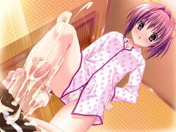 blush censored cum cumming cute ejaculation feet femdom footjob looking_down pajamas panties penis purple_hair standing standing_footjob surprised underwear