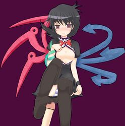 1girls black_hair black_legwear blush dress exposed_breasts feet footjob footjob_with_legwear footjob_with_one_foot highres light-skinned_female light_skin nue_houjuu penis red_bowtie skinny_penis snake striped_panties thighhighs touhou wings wristband