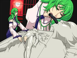 bisexual breasts censored femdom green_hair hori_hiraki kissing latex licking lipstick love nue_houjuu parody pussy sanae_kochiya tongue touhou vacuum vacuum_bed