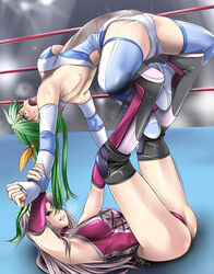 2girls backbreaker boots catfight clothing digdug006 emily_nelson female female_only fingerless_gloves gloves green_hair hair_ribbon leotard long_hair multiple_girls pink_hair ribbon sakurai_chisato stockings submission submission_hold surfboard_(wrestling) tears thigh_boots thighhighs trembling very_long_hair wrestle_angels wrestle_angels_survivor wrestle_angels_survivor_2 wrestling