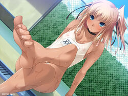 akai_migiwa aoi_nagisa_(artist) areola_bulge bangs barefoot blonde_hair breasts choker cleavage feet female foot_focus futaba_lili_ramses game_cg hips legs_crossed lilith-soft nipples one-piece_swimsuit petite pov_feet school_swimsuit see-through small_breasts soles solo swimsuit tan-skinned_female tan_skin tentacle_and_witches toes tsundere wet