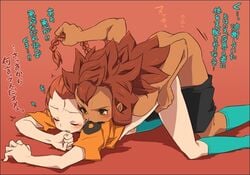 2boys anal ass_up blush bottomless braid brown_hair dark_skin deasta desuta doggy_style from_behind gay hair_pull inazuma_eleven inazuma_eleven_(series) male male_only multiple_males sein_(inazuma_eleven) soumendaze top-down_bottom-up yaoi