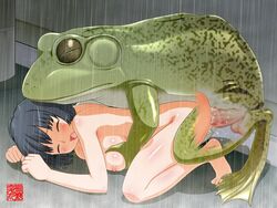 1girls amphibian barefoot breasts female frog froggy_style human interspecies machino_henmaru male nipples nude penis rain sex testicles vaginal_penetration zoophilia