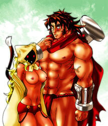 1boy 1girls abs bang_shishigami blazblue blonde_hair breasts brown_hair cat_tail female fundoshi grobo-zyuku hood human loincloth long_hair male midriff mob_face muscle muscular muscular_male nail nipples panties partially_clothed red_eyes red_panties scar scarf tail taokaka underwear wristband