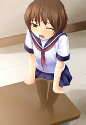 brown_hair classroom clothed_masturbation clothing copyright_request crotch_rub dokuo from_above highres masturbation open_mouth pussy_juice pussy_juice_drip school_uniform short_hair skirt sweat table table_humping thighhighs wink x-ray