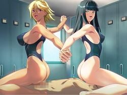 1boy 2girls ass black_hair blonde_hair breasts censored cfnm clothed_female_nude_male competition_swimsuit cowgirl_position facesitting femdom game_cg hime_cut kikutei_nanno large_breasts legs locker_room minamoto_sono nude one-piece one-piece_swimsuit one-piece_thong reverse_spitroast sex shiruzaru sitting sitting_on_person source_request swimsuit teamwork tokunou_shirumamire! vaginal_penetration wedgie