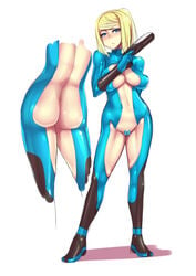 ass bimbo blonde_hair blue_eyes blush bodysuit breasts cleavage color female female_only gun hair human large_breasts latex maebari metroid nintendo pubic_hair revealing_clothes samus_aran shiny_clothes simple_background skimpy_clothes skin_tight solo thighs tight_clothing weapon white_background zero_(artist) zero_suit zero_suit_samus