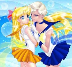 2girls bishoujo_senshi_sailor_moon blonde_hair blue_eyes bow choker clothing earrings elbow_gloves eye_contact female female_only gloves hair_ribbon haruka_tenou heart hug human imminent_kiss lips magical_girl minako_aino multiple_females naughty_face ribbon sailor_uranus sailor_venus serafuku short_hair shy sirkowski skirt smile star surprised very_long_hair wrist_grab yuri