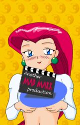 animated blue_eyes blush breasts earrings english_text female female_only flashing human human_only jessie_(pokemon) jewelry large_breasts lowres mad_maxx nintendo nipples olm_(studio) pokemon pokemon_(anime) red_hair smile solo source_request straight_hair team_rocket wink year_request