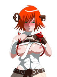 1girls a.b.a areolae bandage blush breasts breasts_out chains eye_bags female fingerless_gloves gloves green_eyes guilty_gear key kishio_(agedama) lowres nipples red_hair short_hair solo