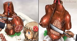 amputee beheaded blue_eyes cannibalism carving_fork comic death decapitation dismemberment female_death flower flower_crown flower_in_hair food gore grey_hair guro gynophagia knife kuroni large_breasts meat original