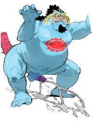 anthro balls bebebebebe blue_body blue_skin blush boner cum dildo dildo_in_ass erection facial_hair fish-men_(one_piece) jinbe male male_only nude one_piece orgasm overweight penis solo solo_male sweat sweating