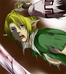 blonde_hair blood blue_eyes ganondorf gay hair_grab imminent_rape link link_(ocarina_of_time) male male/male nintendo ocarina_of_time pixiv_thumbnail pointy_ears resized straight_hair tears the_legend_of_zelda torn_clothes yaoi