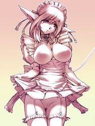 bondage breastless_clothes breasts collar copyright_request elf female gradient gradient_background hisahiko innie_pussy large_breasts leash maid maid_headdress monochrome nipples no_panties pink pink_eyes pointy_ears pussy skirt skirt_lift slave solo thighhighs uncensored