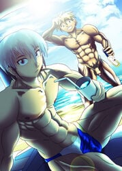 2boys abs chest eugene_chaud flaccid hikari_netto human ijuuin_enzan lan_hikari male male_only mega_man mega_man_battle_network multiple_boys muscle outside pecs penis speedo swimsuit swimwear