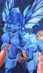 1girls blue_eyes blue_hair blue_skin braid breasts censored cum cum_in_pussy cum_inside dragon dragon_girl dragonkin female highres human internal_cumshot kozou_(neko_no_kubi_ni_suzu) male monster_girl multiple_tails nipples open_mouth original penetration penis pussy sex spread_legs tail tear tears twin_braids vaginal_penetration weapon wings