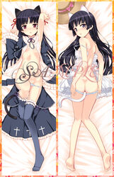 achunchun alternate_legwear animal_ears armpits ass barefoot black_hair blue_eyes blush butt_plug_tail buttplug buttplug_tail cat_ears cat_tail chun_(friendly_sky) dakimakura dress feet flat_chest garters gokou_ruri hat highres kneepits long_hair looking_back lying mole navel open_dress ore_no_imouto_ga_konna_ni_kawaii_wake_ga_nai panties purple_eyes red_eyes ribbon sample striped striped_panties sun_hat sundress tail thighhighs underwear