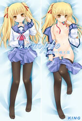 blonde_hair brown_eyes censored dakimakura flat_chest king_(dakemakura) long_hair lying nipples no_panties pantyhose pussy sample school_uniform tied_hair twintails undressing yusa_(angel_beats!)