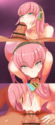 :> blue_eyes censored dark-skinned_male dark_penis dark_skin deepthroat fellatio highres interracial jt_dong-agyoku looking_at_viewer looking_up male megurine_luka nail_polish naughty_face oral penis pink_hair pointless_censoring saliva testicles unseen_male_face vocaloid