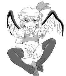 cum feet flandre_scarlet footjob footjob_with_footwear footjob_with_legwear hat legwear monochrome penis pussy stockings thighhighs touhou uncensored wings