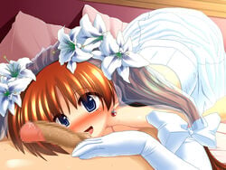 blush bridal_veil bride brown_hair esuesu flower gloves long_hair lyrical_nanoha mahou_shoujo_lyrical_nanoha mahou_shoujo_lyrical_nanoha_strikers nanoha_takamachi penis takamachi_nanoha veil wedding_dress