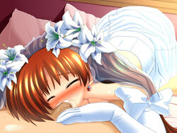 blush bridal_veil bride brown_hair closed_eyes cum esuesu fellatio flower gloves hair long_hair lyrical_nanoha mahou_shoujo_lyrical_nanoha mahou_shoujo_lyrical_nanoha_strikers nanoha_takamachi oral penis takamachi_nanoha veil wedding_dress