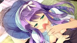 blush braids breasts censored daikou_wakako female game_cg green_eyes headband koi_saku_miyako_ni_ai_no_yakusoku_wo_~annaffiare~ long_hair natsume_eri nipples penis purple_hair skirt